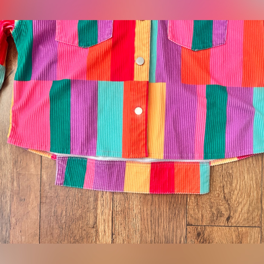 Multicolor Patchwork Corduroy Button Down Shacket… - image 5